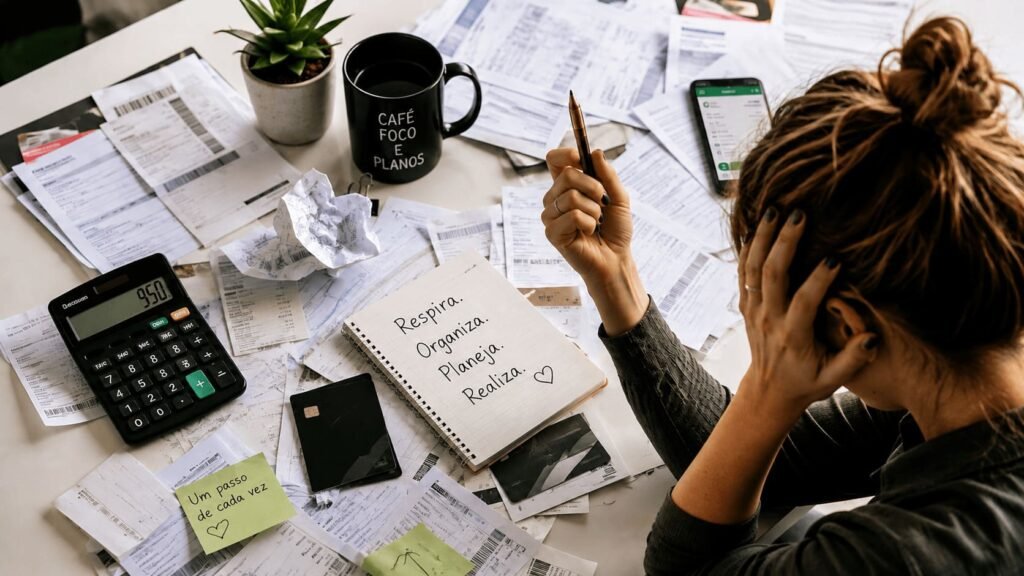 Mãos organizando contas e planejamento financeiro em um caderno