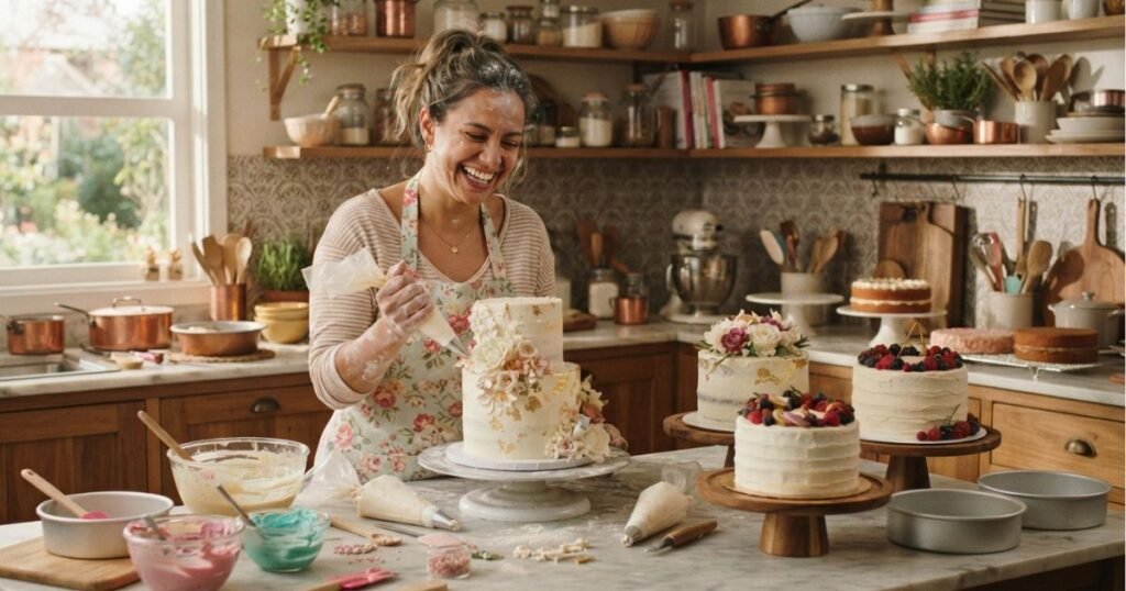 mulher feliz confeitando bolo pra vender